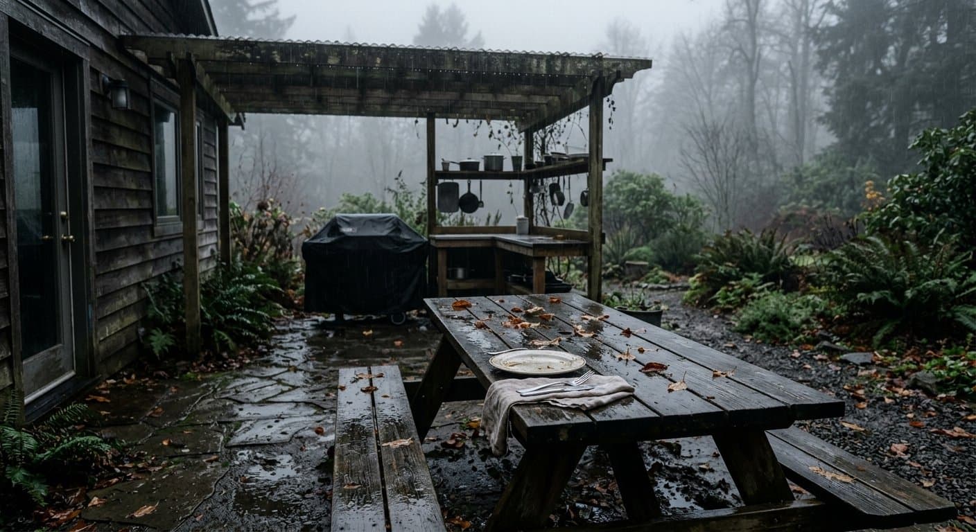 Patio sous la pluie fine et le brouillard d'automne