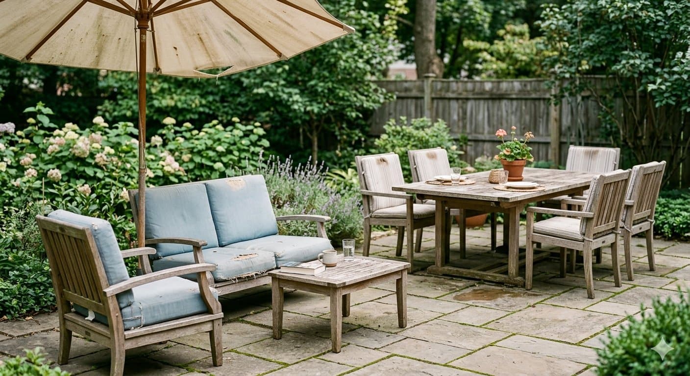 Mobilier de jardin usé : coussins pâlis, parasol déchiré