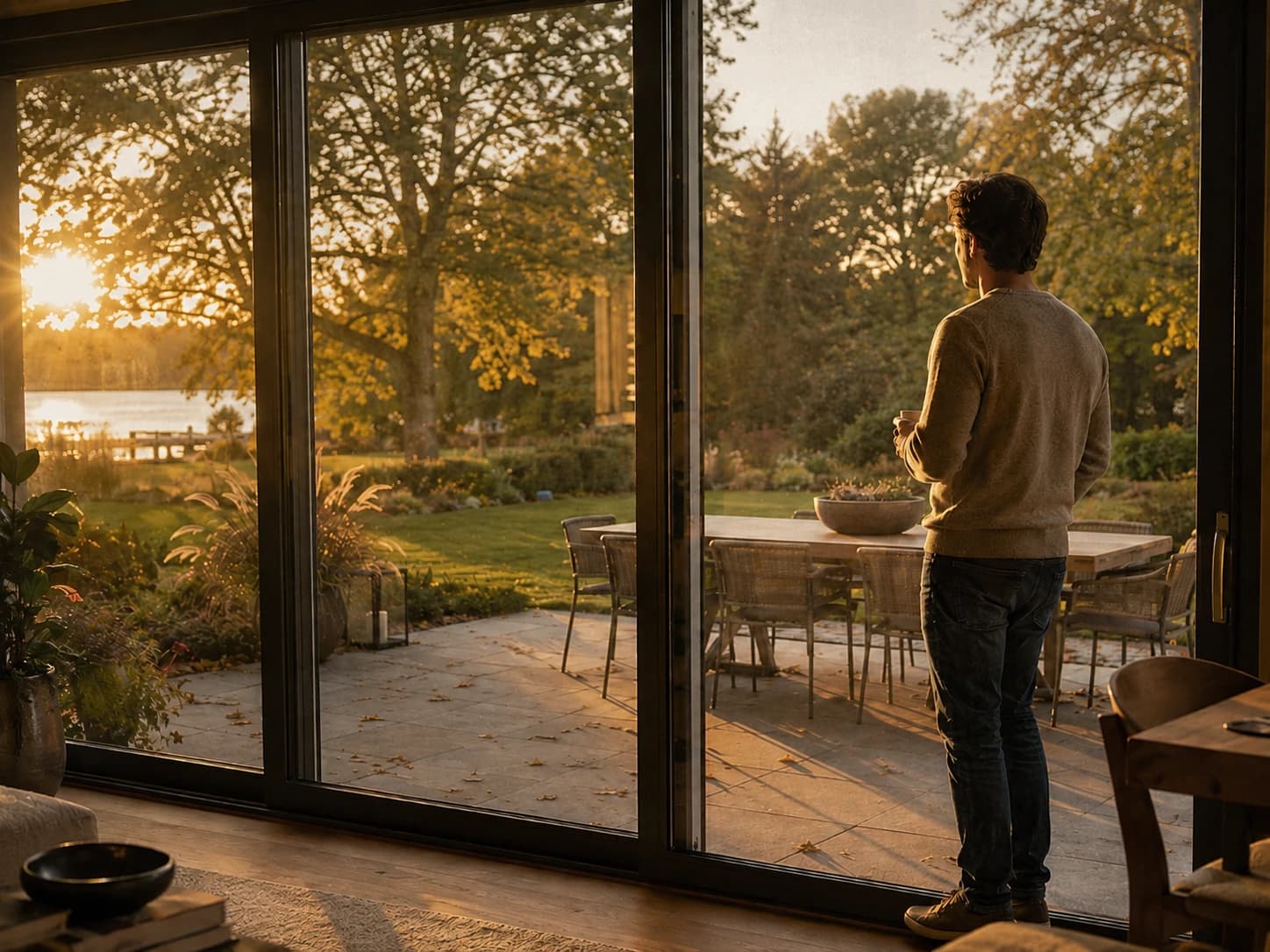 Homme admirant la lumière dorée de fin septembre depuis l'intérieur de sa maison